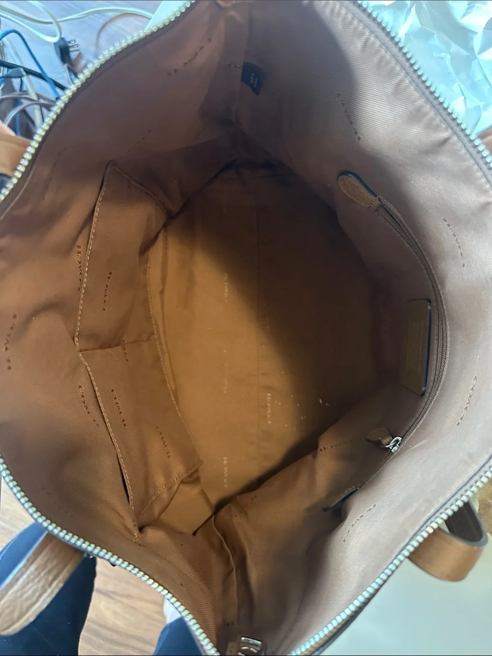 Coach Tan Pebbled Leather Tote with Front Zip Pocket